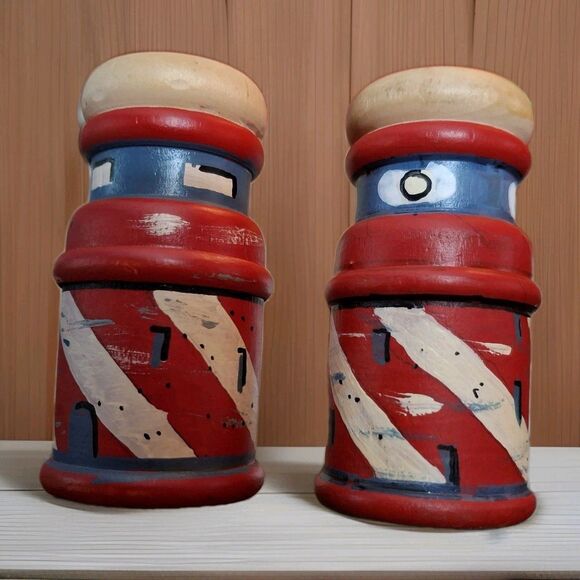 Vintage Nautical Lighthouse Salt Pepper Shakers Handpainted Wood Never Used - Picture 1 of 4